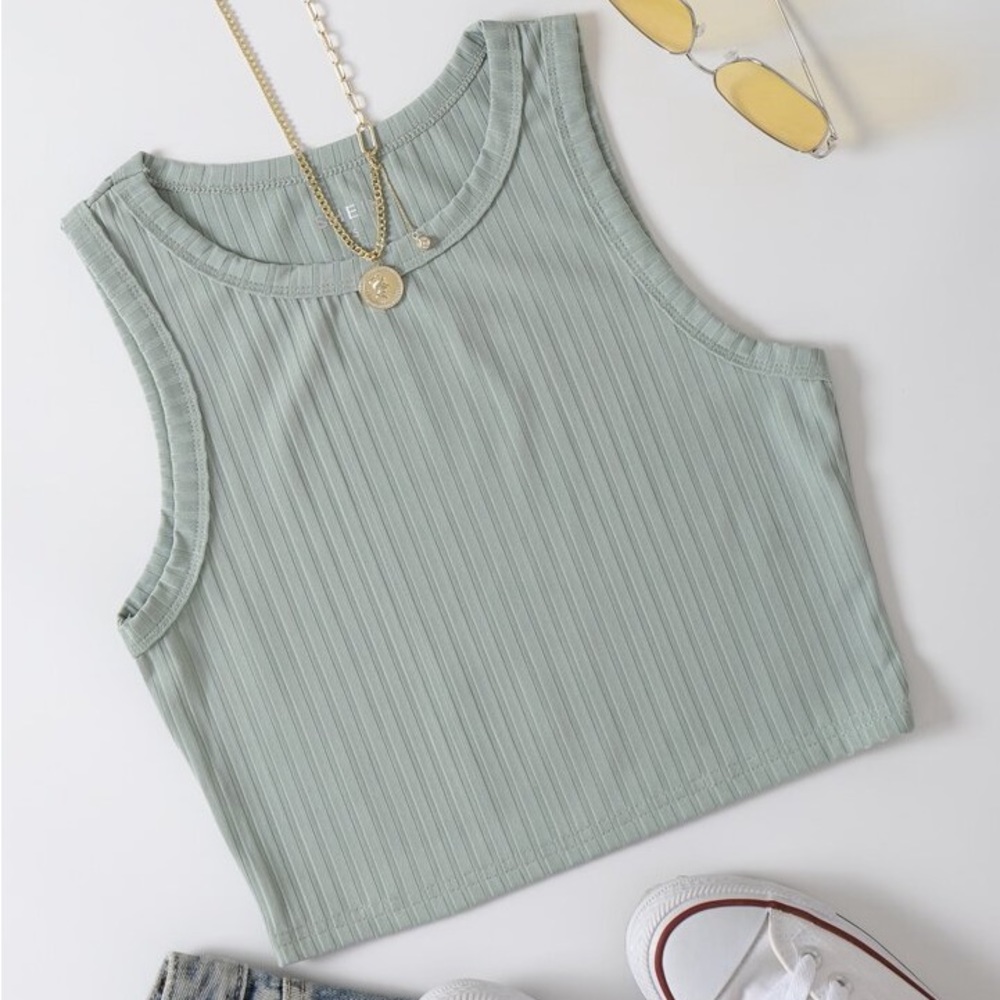 Shein Light Green Rib Knit Cropped Tank Top